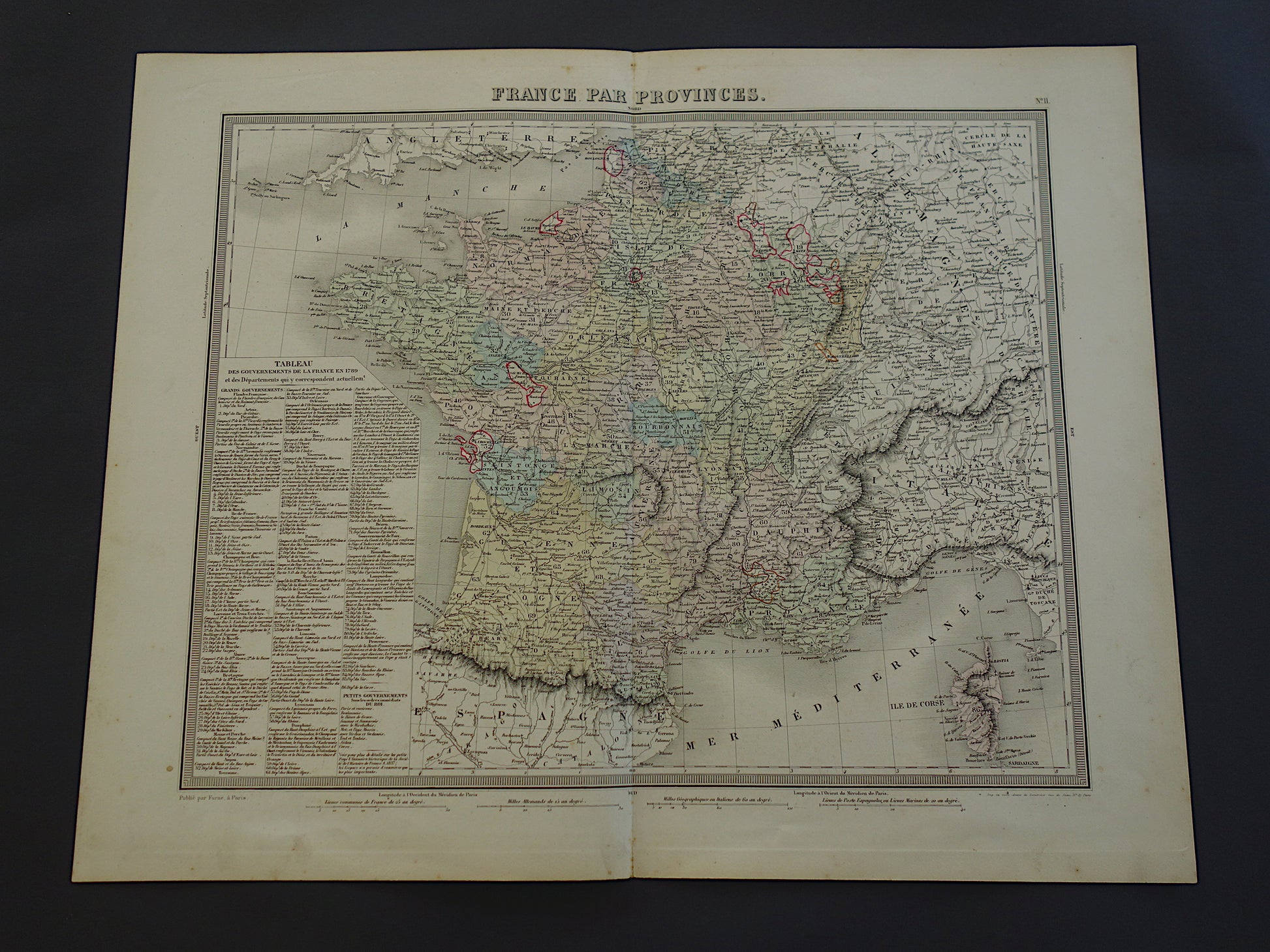 FRANKRIJK Antieke kaart van provincies in Frankrijk uit 1858 originele grote oude handgekleurde Franse landkaart