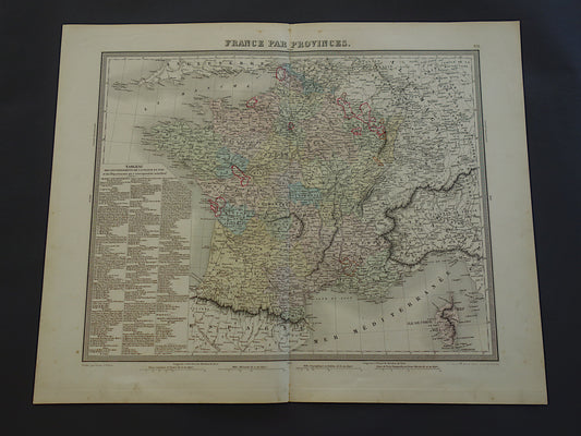 FRANKRIJK Antieke kaart van provincies in Frankrijk uit 1858 originele grote oude handgekleurde Franse landkaart