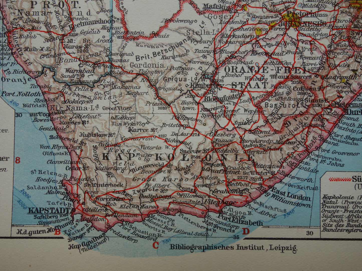 Oude kaart van Zuidelijk Afrika in 1928 originele historische landkaart van Zuid-Afrika Madagaskar Angola Namibië Botswana Tanzania Congo Mozambique Zambia