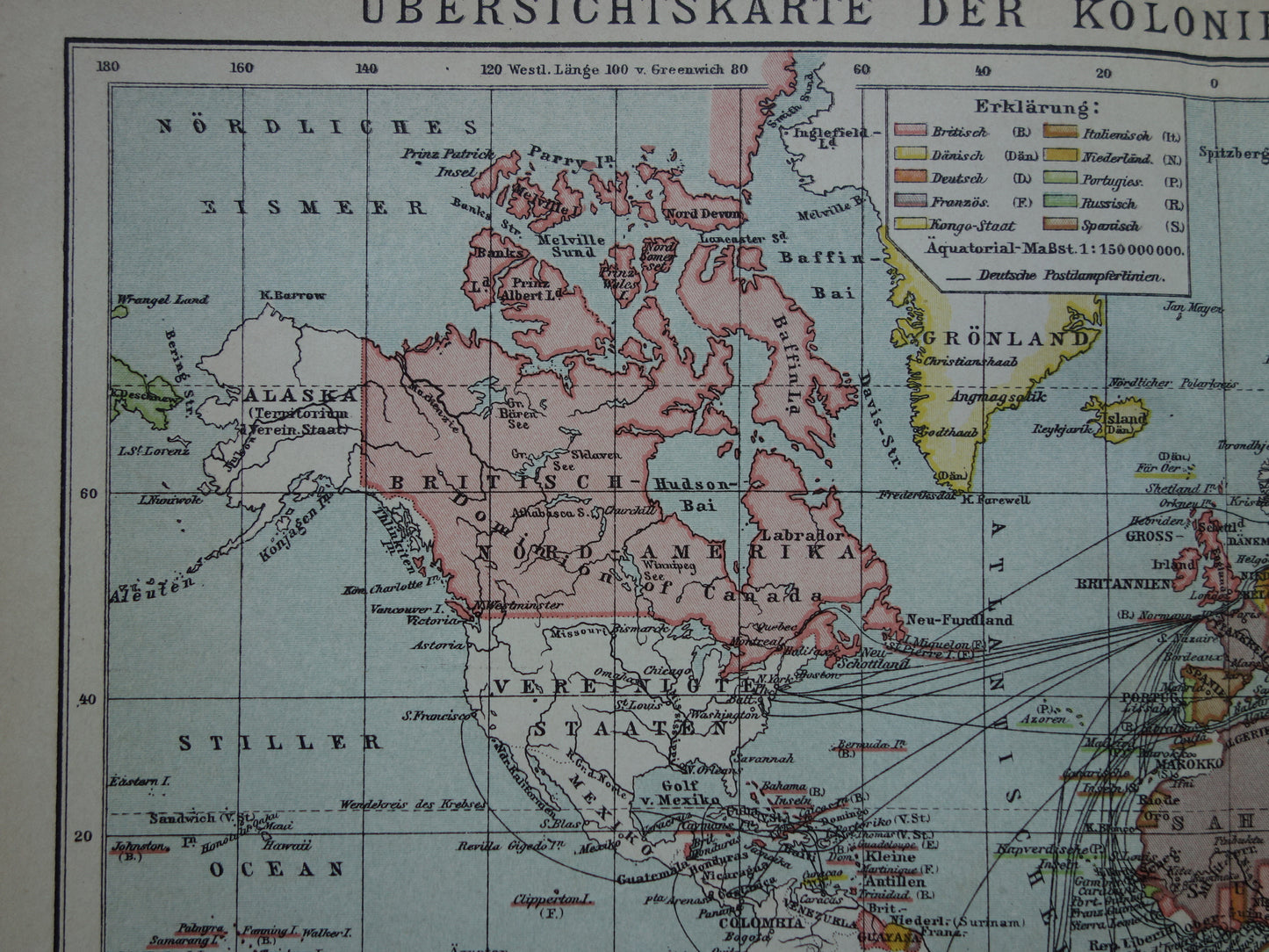 Oude wereldkaart van Kolonies Koloniëen 1902 originele antieke Duitse kaart koloniale bezittingen met jaartal