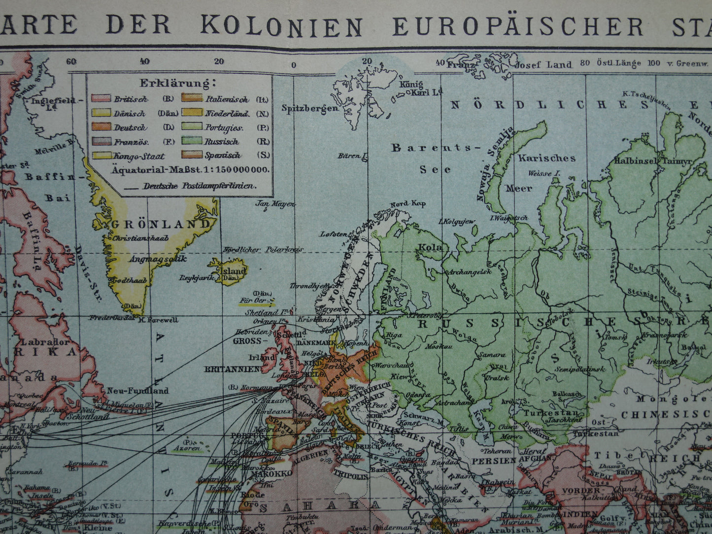 Oude wereldkaart van Kolonies Koloniëen 1902 originele antieke Duitse kaart koloniale bezittingen met jaartal