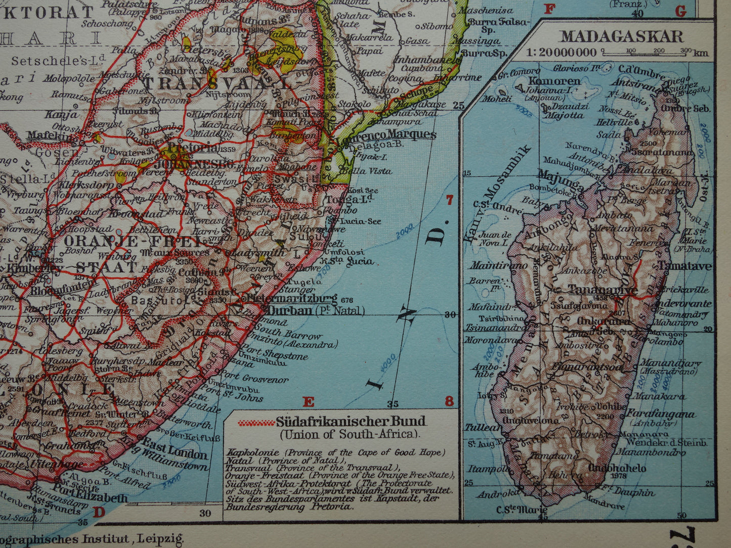 Oude kaart van Zuidelijk Afrika in 1928 originele historische landkaart van Zuid-Afrika Madagaskar Angola Namibië Botswana Tanzania Congo Mozambique Zambia