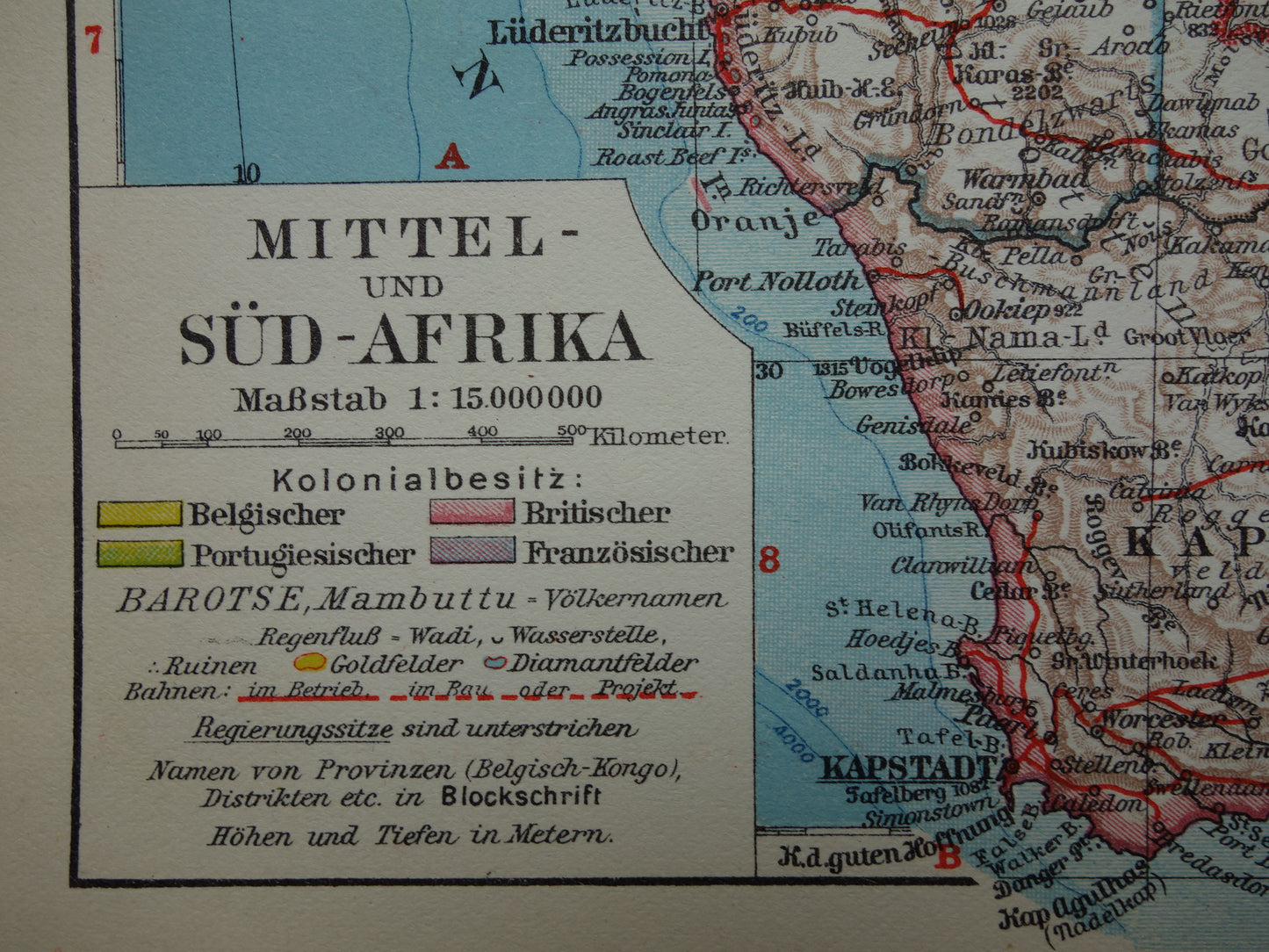 Oude kaart van Zuidelijk Afrika in 1928 originele historische landkaart van Zuid-Afrika Madagaskar Angola Namibië Botswana Tanzania Congo Mozambique Zambia