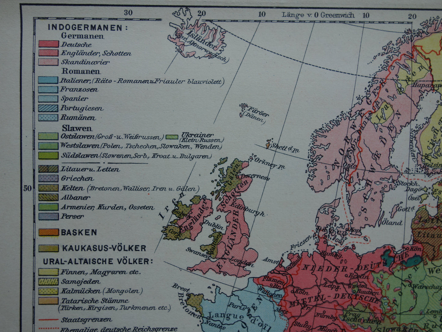 Old map of Europe - small ethnological and linguistic map of Europe - vintage maps