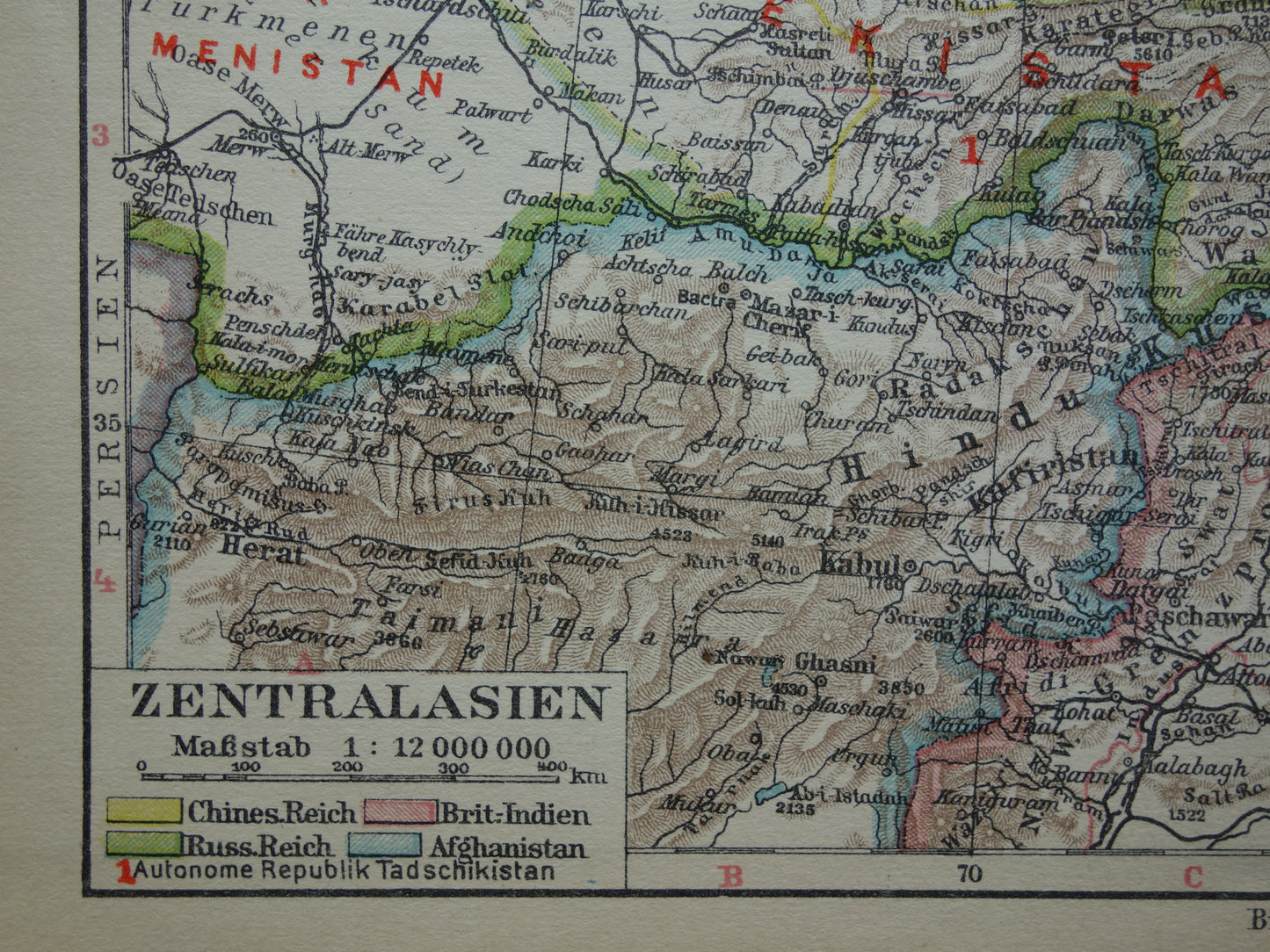 CENTRAAL-AZIË oude landkaart van Tibet Turkestan Himalaya kleine antieke Duitse kaart Oezbekistan Kirgizië Tadzjikistan