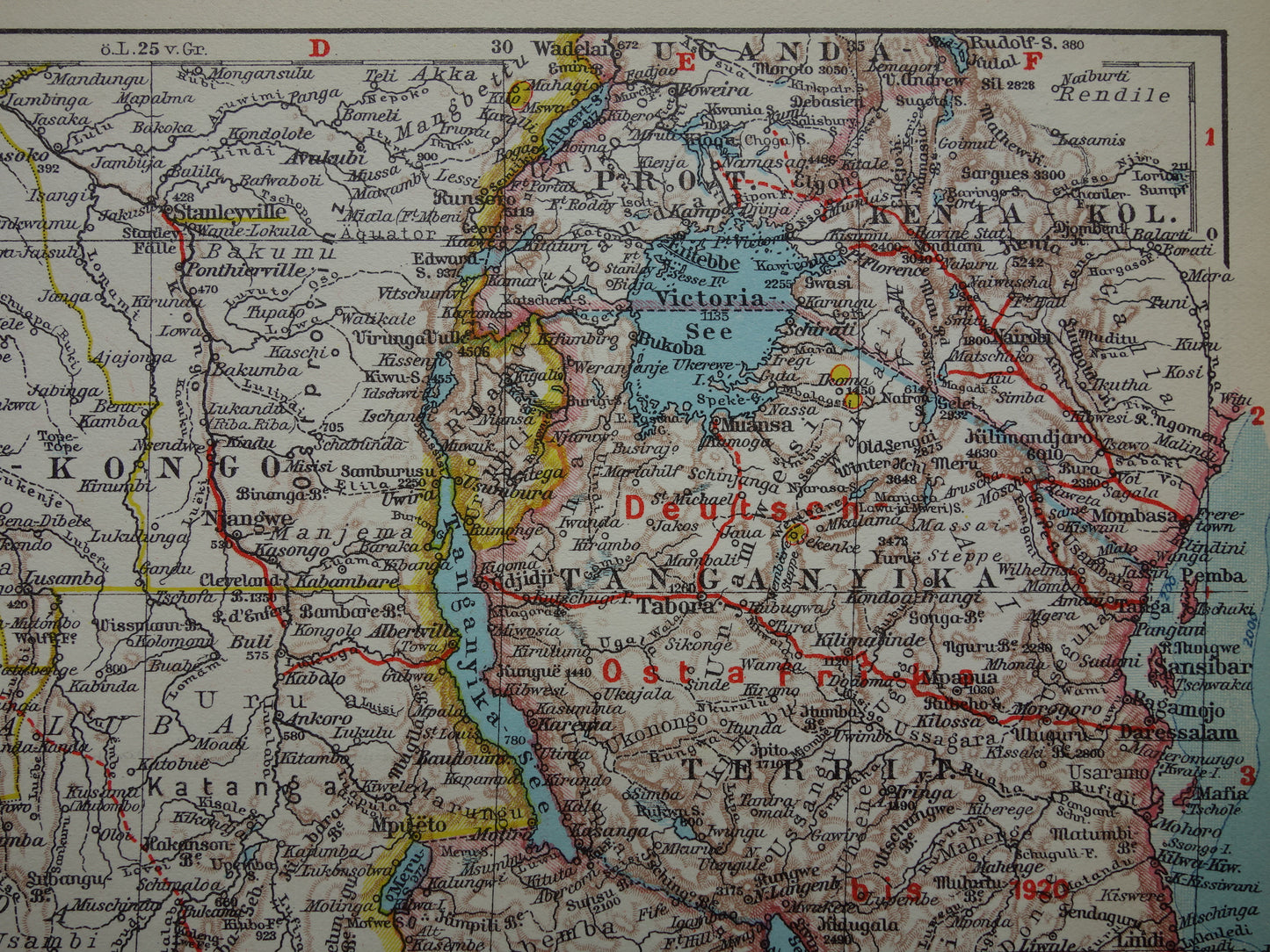 Oude kaart van Zuidelijk Afrika in 1928 originele historische landkaart van Zuid-Afrika Madagaskar Angola Namibië Botswana Tanzania Congo Mozambique Zambia
