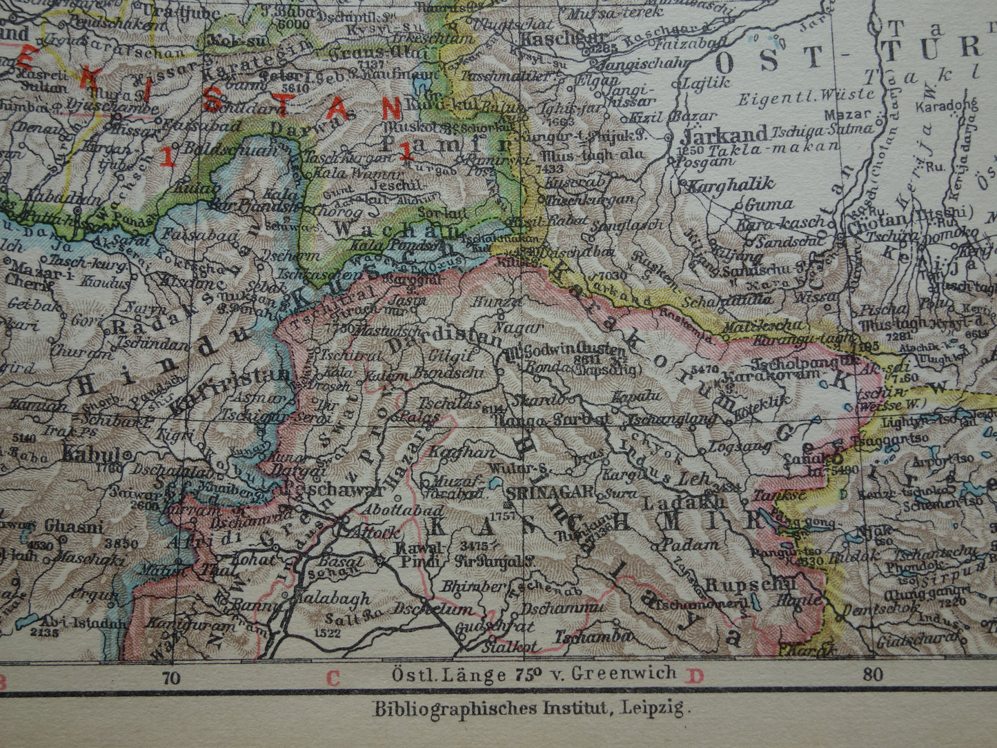 CENTRAAL-AZIË oude landkaart van Tibet Turkestan Himalaya kleine antieke Duitse kaart Oezbekistan Kirgizië Tadzjikistan