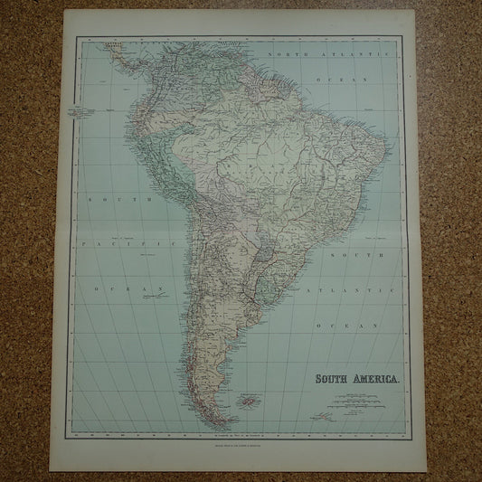 Grote oude kaart van Zuid-Amerika 1890 originele antieke landkaart van continent