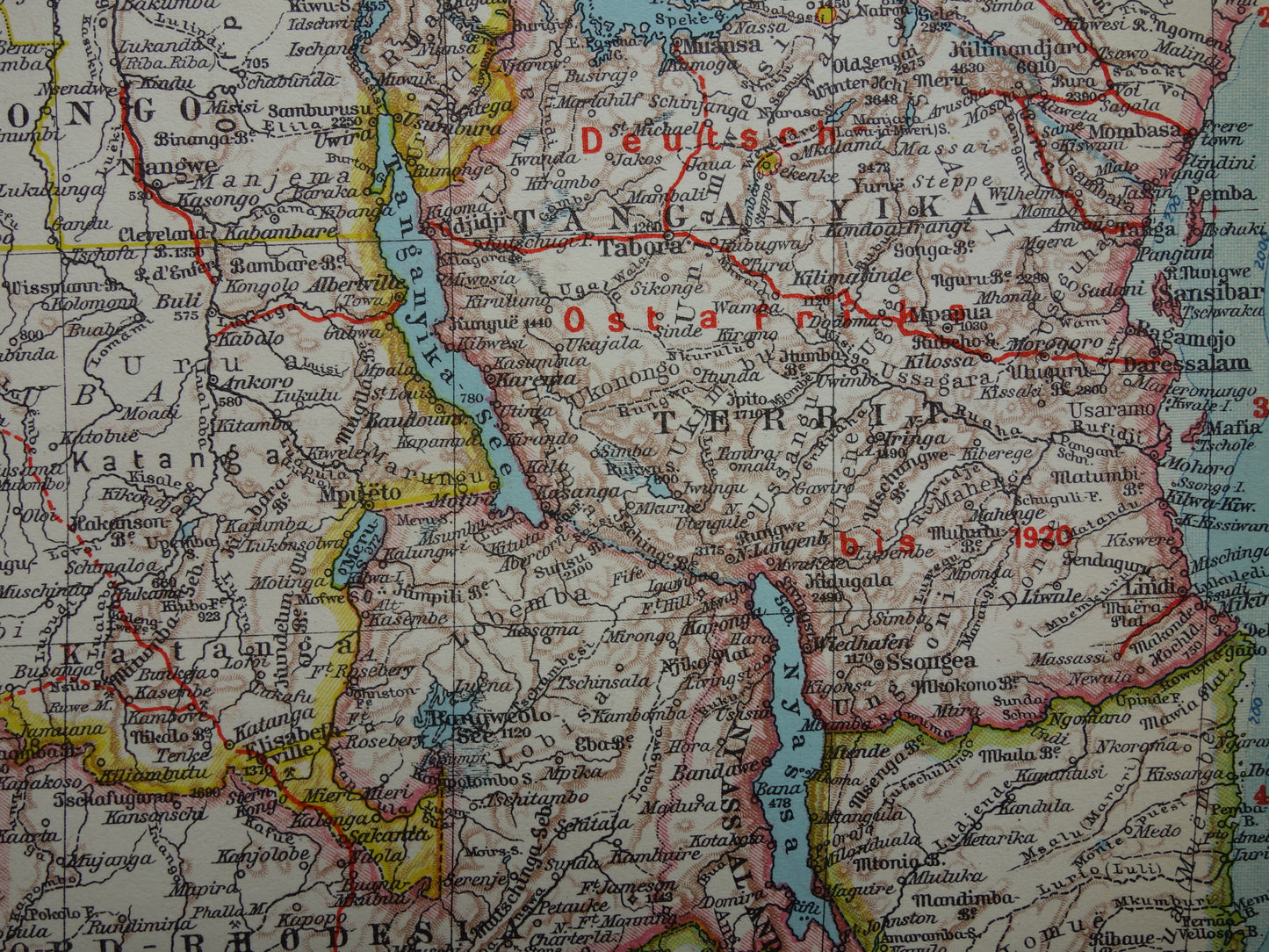 Oude kaart van Zuidelijk Afrika in 1928 originele historische landkaart van Zuid-Afrika Madagaskar Angola Namibië Botswana Tanzania Congo Mozambique Zambia