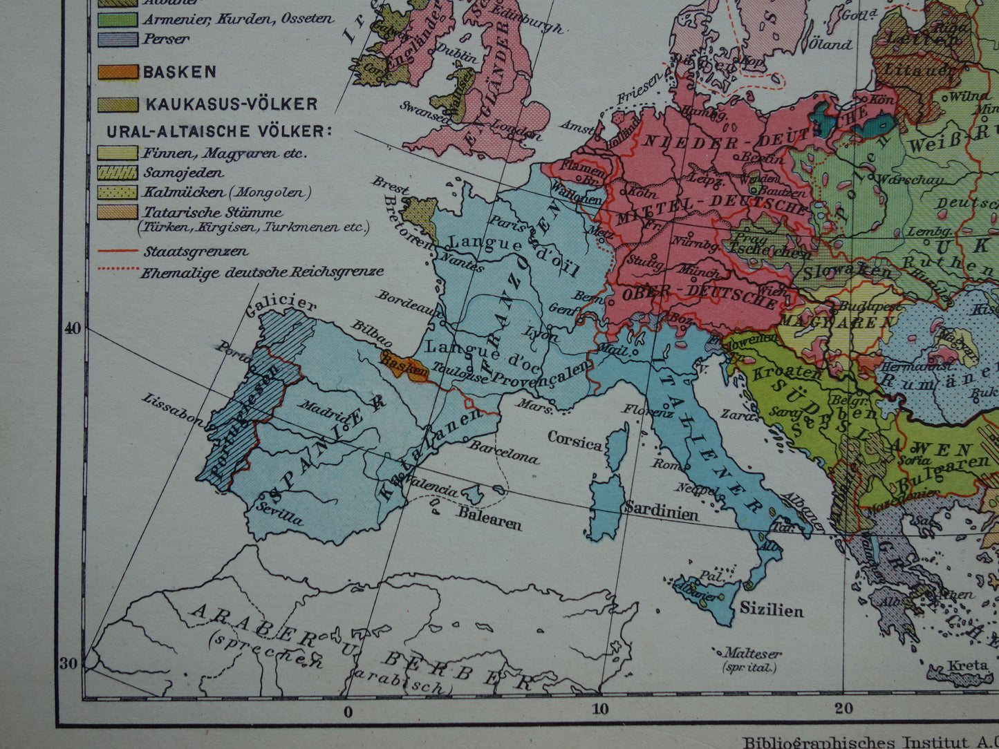 Old map of Europe - small ethnological and linguistic map of Europe - vintage maps