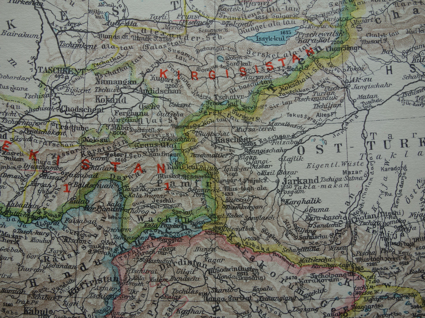 CENTRAAL-AZIË oude landkaart van Tibet Turkestan Himalaya kleine antieke Duitse kaart Oezbekistan Kirgizië Tadzjikistan