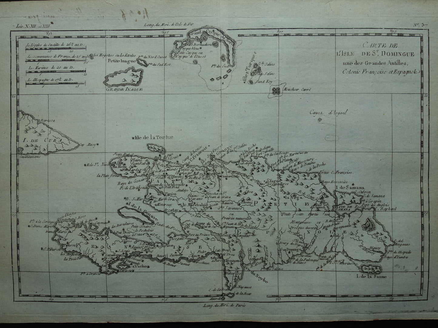 HISPANIOLA Oude landkaart van Dominicaanse Republiek en Haïti Originele vintage Franse Bonne kaart uit 1784