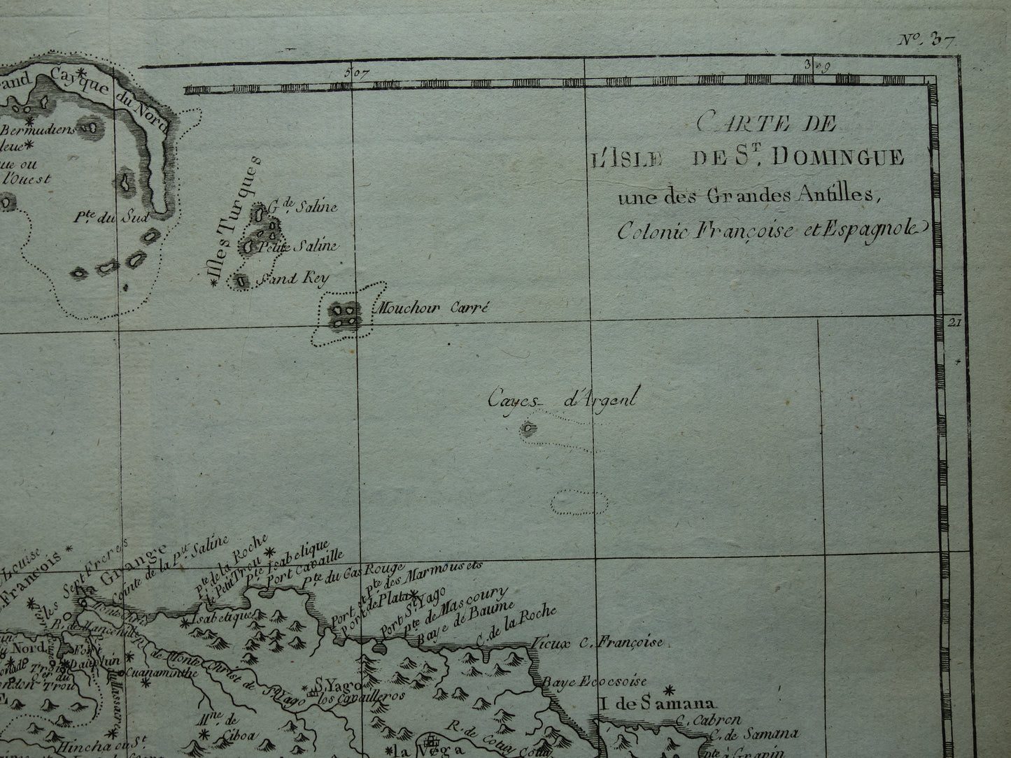 carte de l'isle de St. Domingue une des Grandes Antilles, colonie Francoise et Espagnole Bonne Raynal 1784 kaart