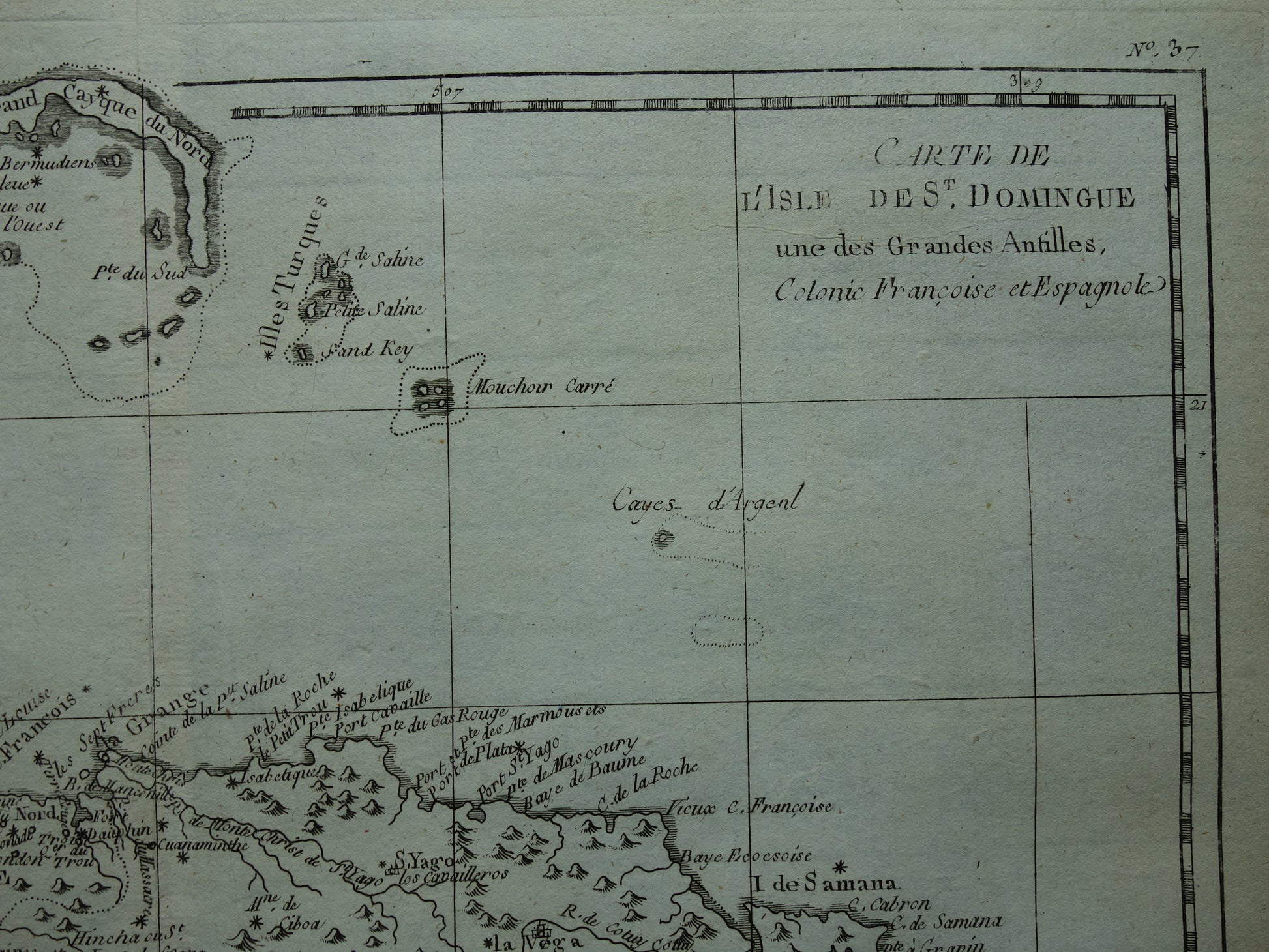 carte de l'isle de St. Domingue une des Grandes Antilles, colonie Francoise et Espagnole Bonne Raynal 1784 kaart