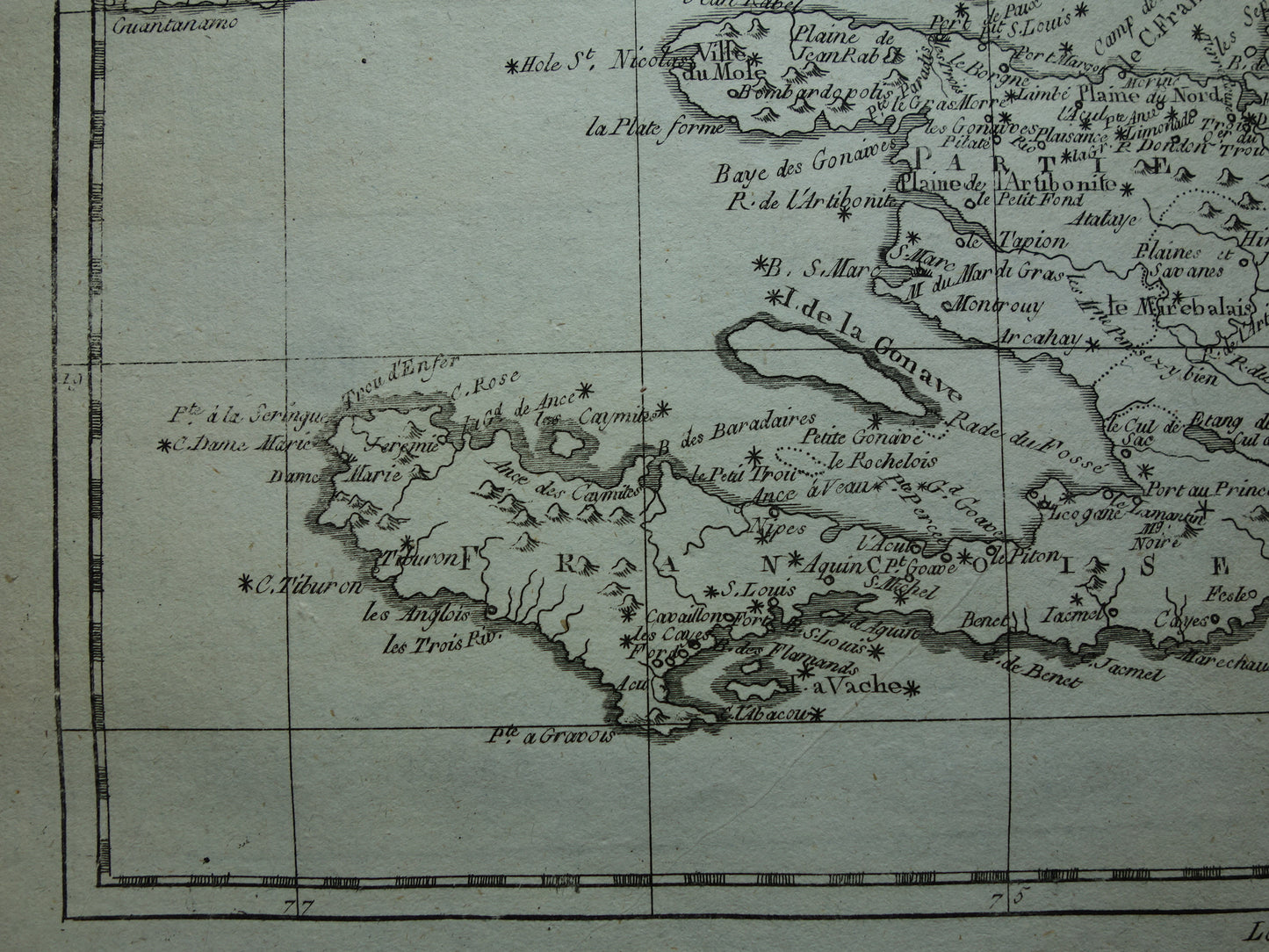 HISPANIOLA Oude landkaart van Dominicaanse Republiek en Haïti Originele vintage Franse Bonne kaart uit 1784
