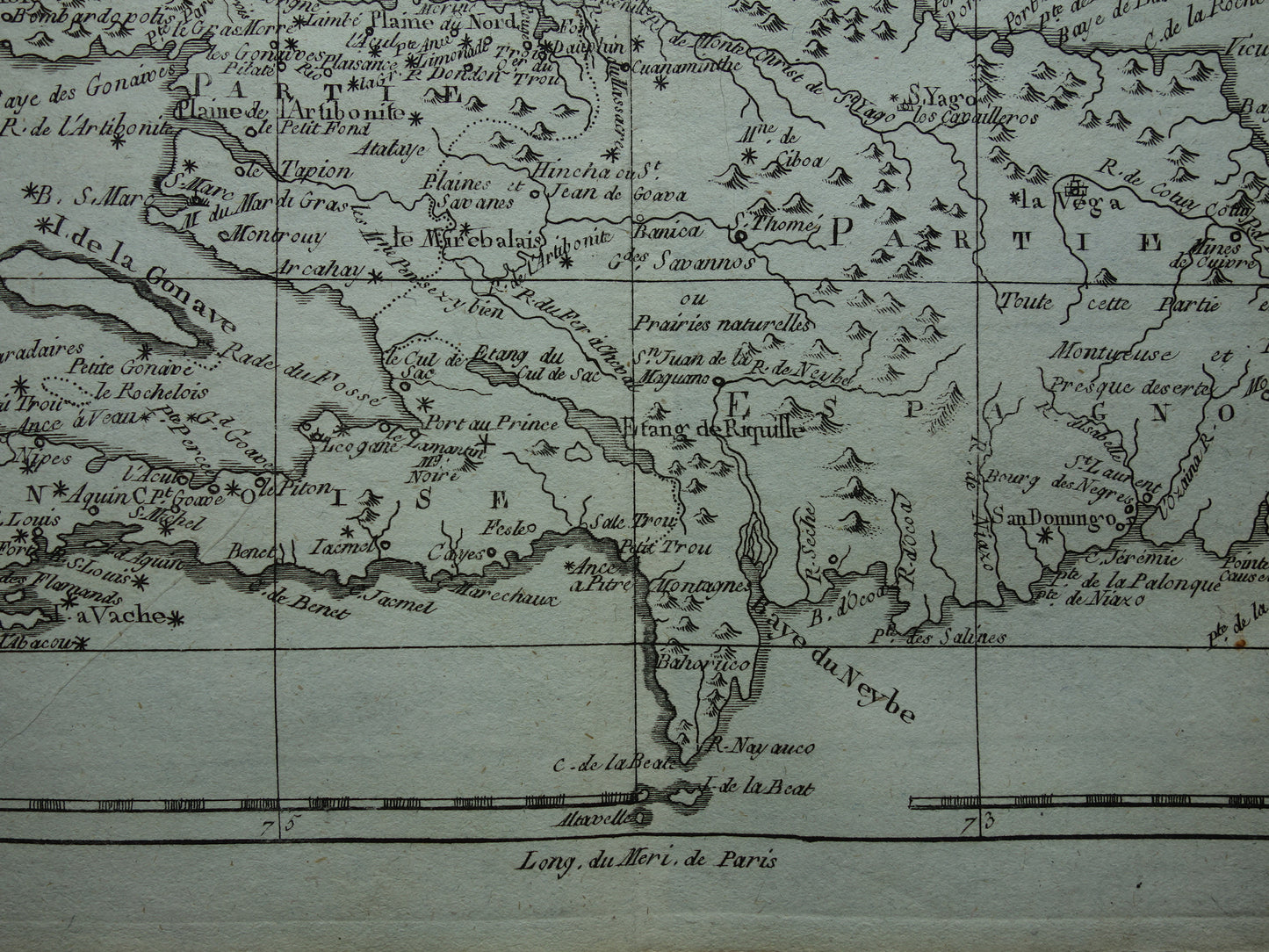 HISPANIOLA Oude landkaart van Dominicaanse Republiek en Haïti Originele vintage Franse Bonne kaart uit 1784
