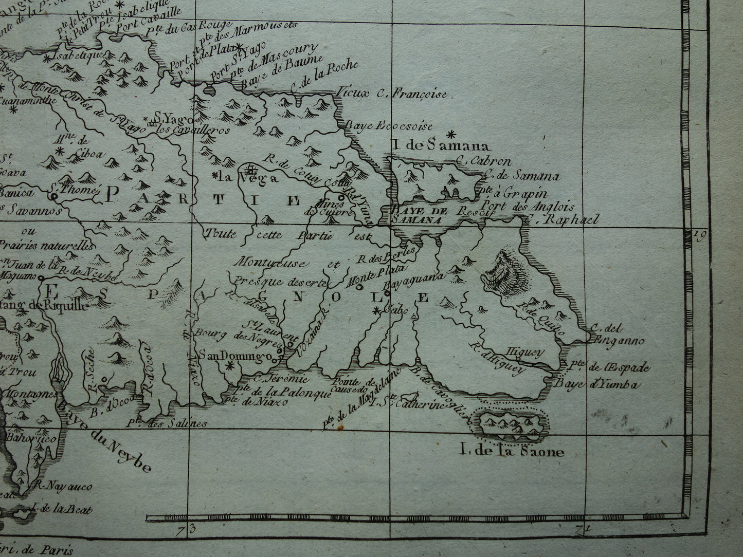 HISPANIOLA Oude landkaart van Dominicaanse Republiek en Haïti Originele vintage Franse Bonne kaart uit 1784