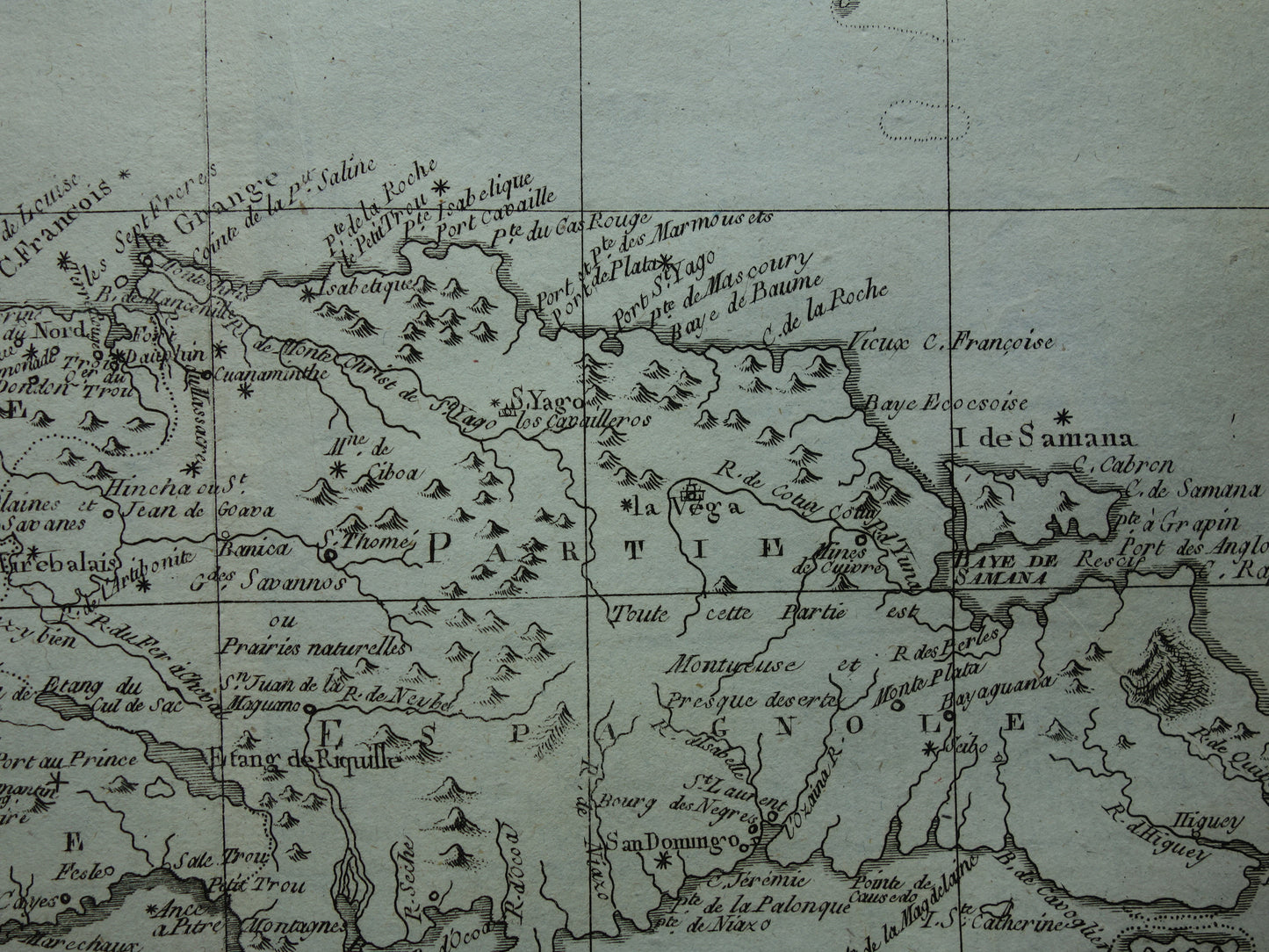 HISPANIOLA Oude landkaart van Dominicaanse Republiek en Haïti Originele vintage Franse Bonne kaart uit 1784