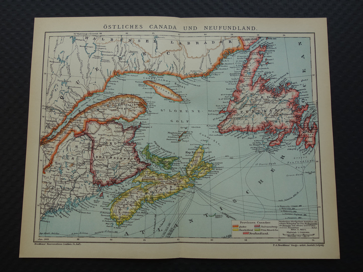 CANADA Antieke kaart van Newfoundland Nova Scotia Brunswick 1909 oude Duitse landkaart met jaartal