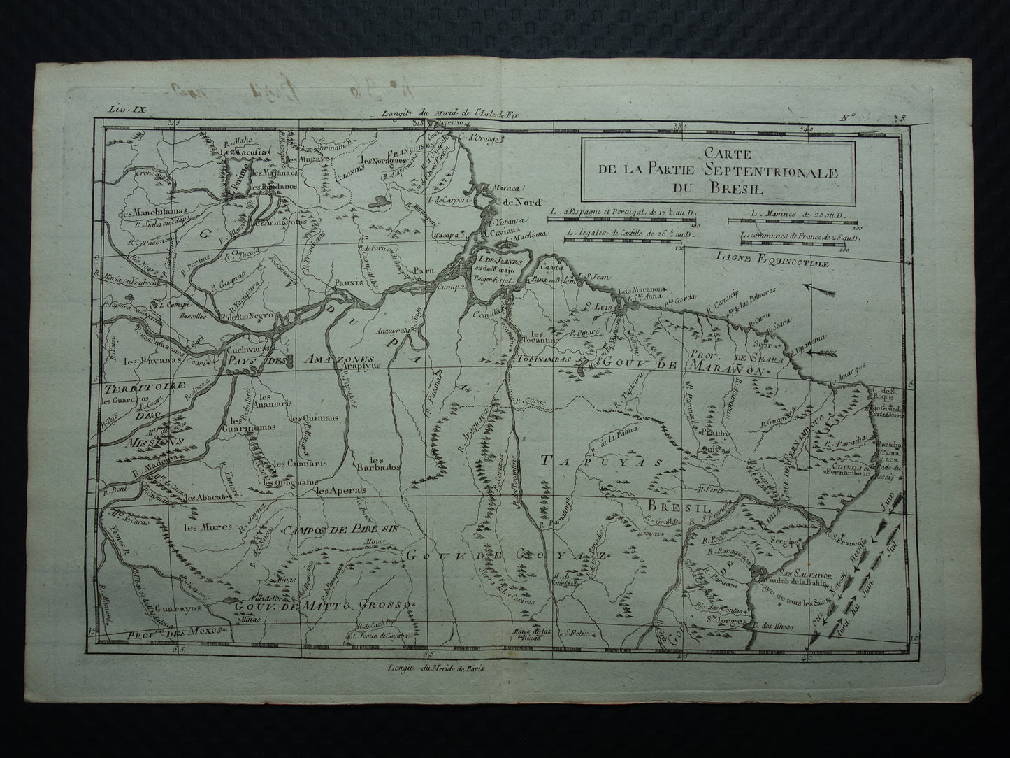 BRAZILIË Oude landkaart van Noordoost Brazilië Amazone rivier Originele vintage Franse Bonne kaart uit 1784