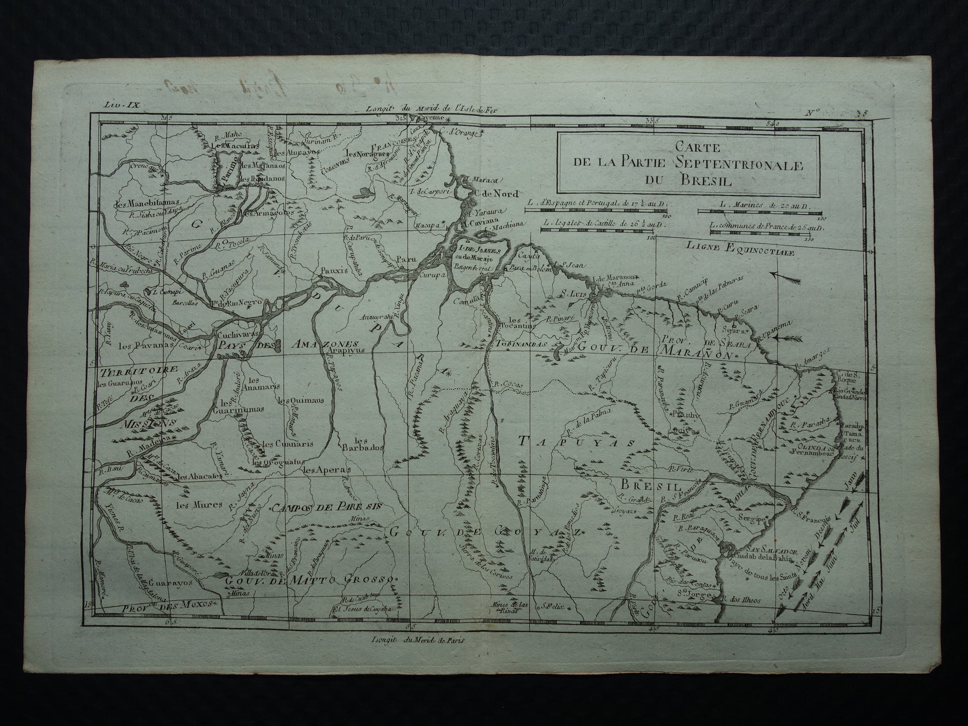 BRAZILIË Oude landkaart van Noordoost Brazilië Amazone rivier Originele vintage Franse Bonne kaart uit 1784