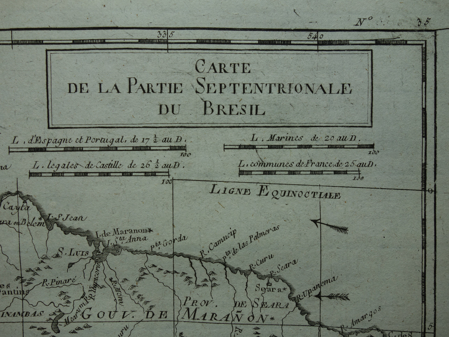 BRAZIL Old map of Northeast Brazil Amazon River Original vintage French Bonne map from 1784
