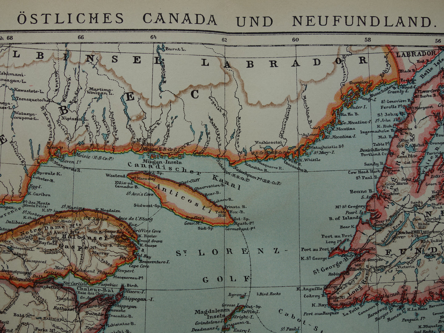 CANADA Antieke kaart van Newfoundland Nova Scotia Brunswick 1909 oude Duitse landkaart met jaartal