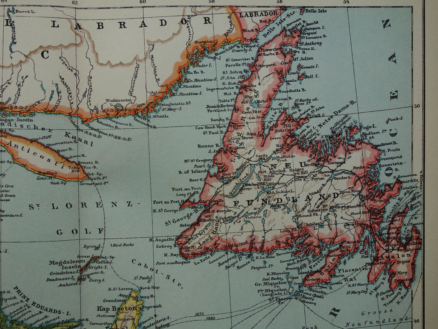 CANADA Antieke kaart van Newfoundland Nova Scotia Brunswick 1909 oude Duitse landkaart met jaartal