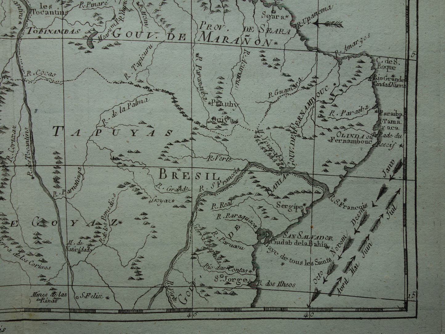 BRAZIL Old map of Northeast Brazil Amazon River Original vintage French Bonne map from 1784