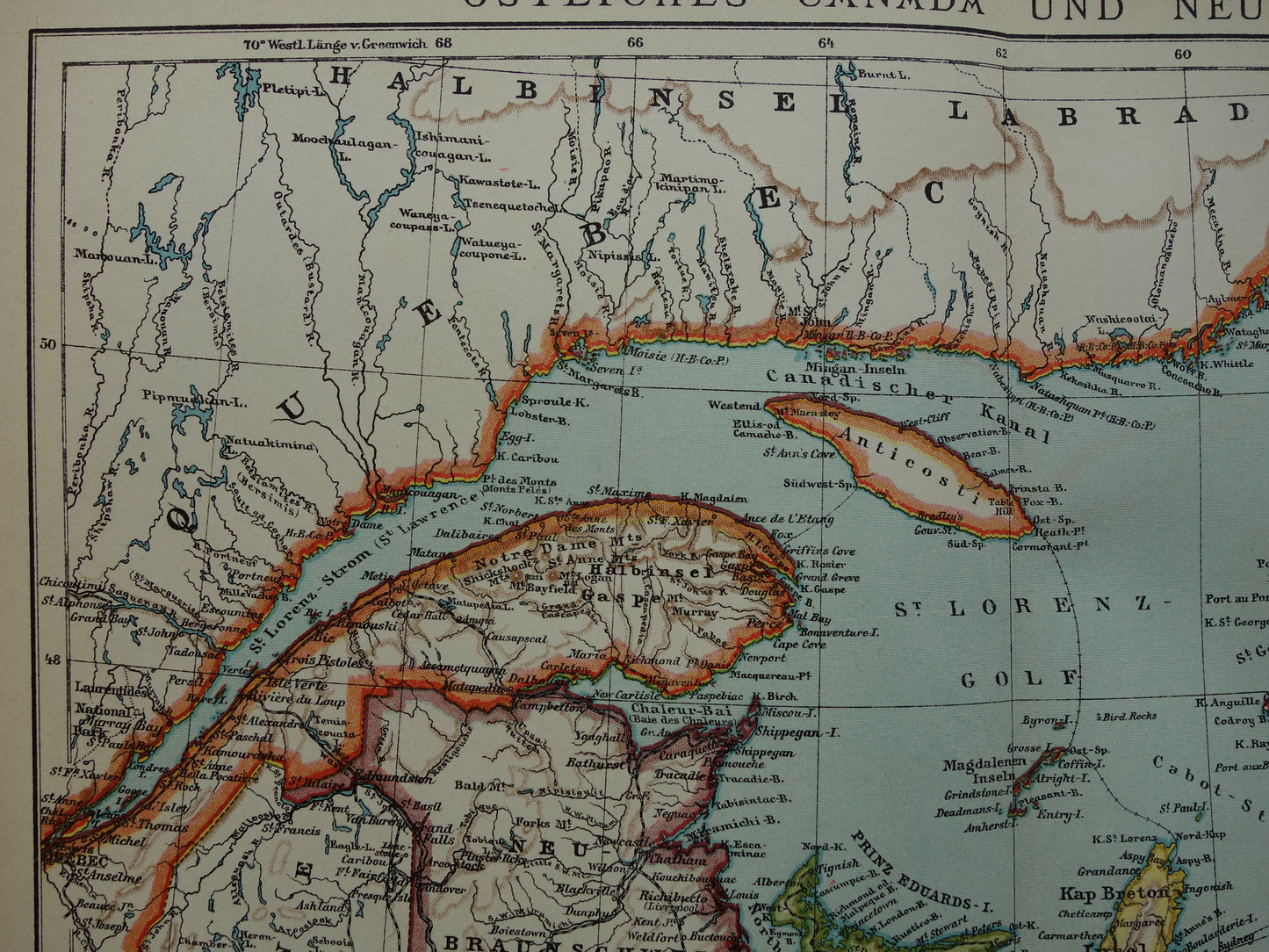 CANADA Antieke kaart van Newfoundland Nova Scotia Brunswick 1909 oude Duitse landkaart met jaartal