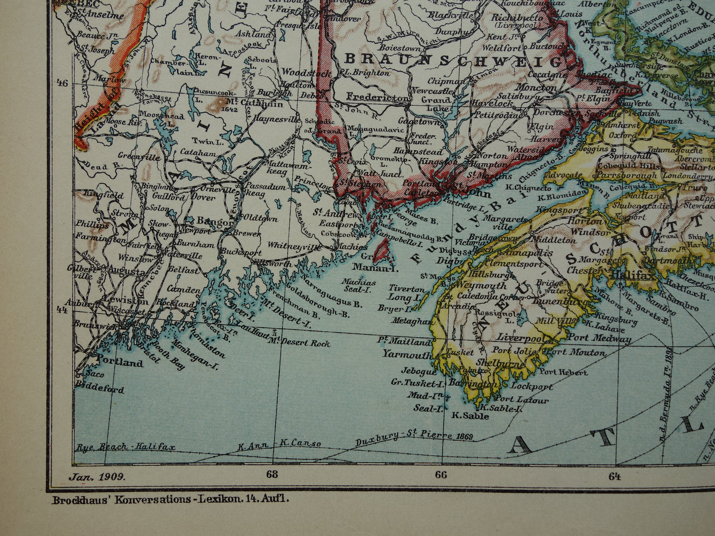 CANADA Antieke kaart van Newfoundland Nova Scotia Brunswick 1909 oude Duitse landkaart met jaartal