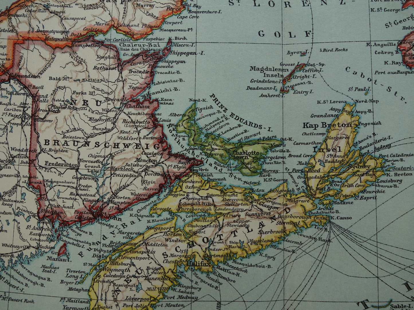 CANADA Antieke kaart van Newfoundland Nova Scotia Brunswick 1909 oude Duitse landkaart met jaartal