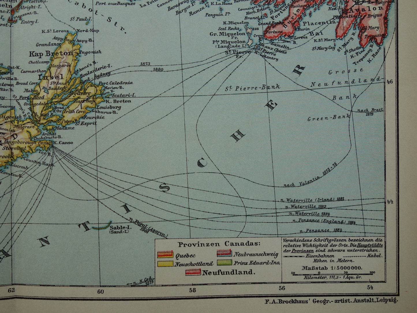 CANADA Antieke kaart van Newfoundland Nova Scotia Brunswick 1909 oude Duitse landkaart met jaartal
