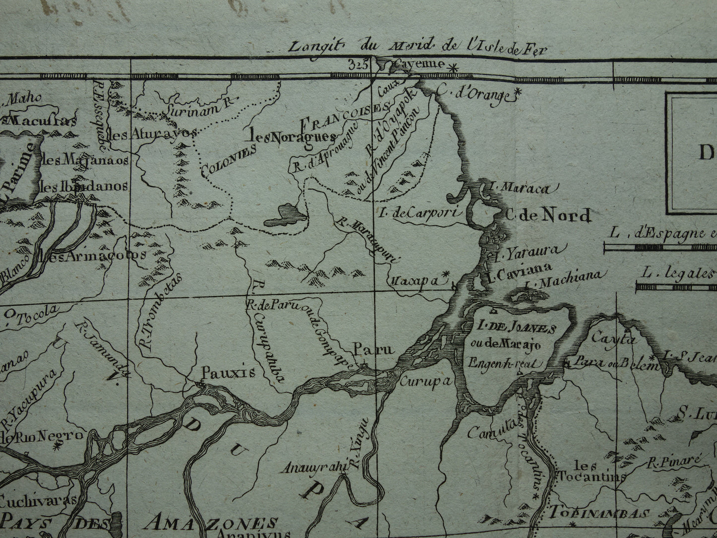 BRAZIL Old map of Northeast Brazil Amazon River Original vintage French Bonne map from 1784