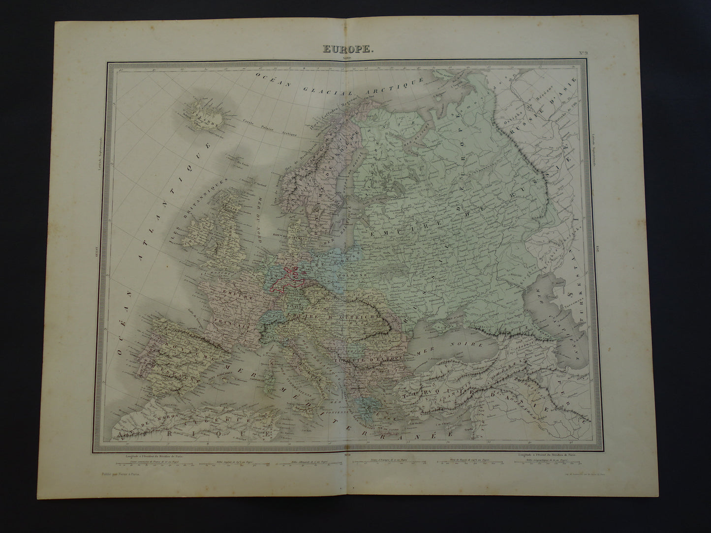 EUROPE Large old map continent Europe antique map from 1858 Vintage French map