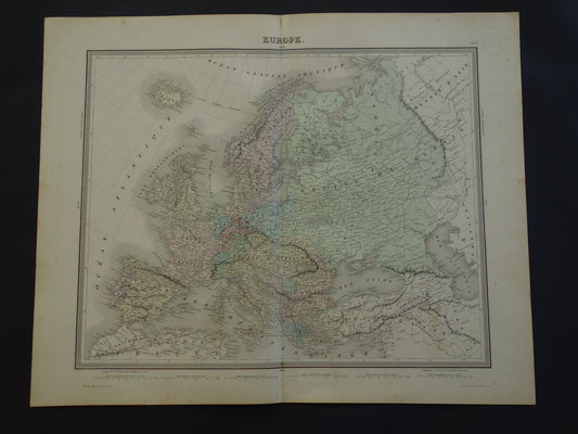 EUROPE Large old map continent Europe antique map from 1858 Vintage French map
