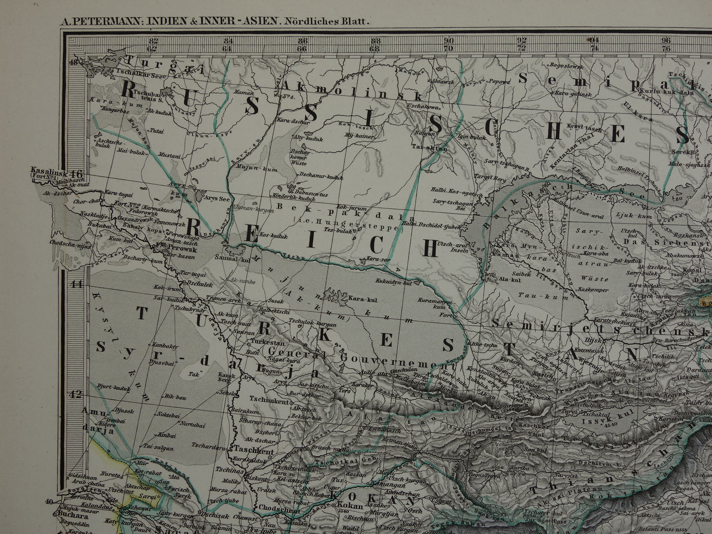 CENTRAL ASIA old map of Tibet Kashmir Turkestan Himalaya antique German map Uzbekistan Kyrgyzstan Tajikistan
