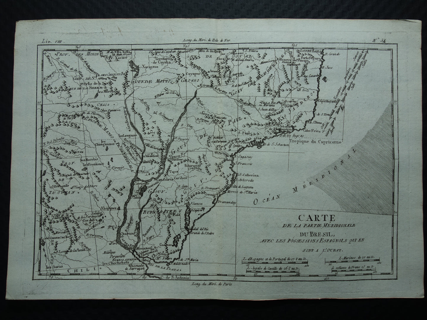 BRASILIEN &amp; URUGUAY Alte Karte von Südostbrasilien Originale französische Bonne-Karte aus dem Jahr 1784