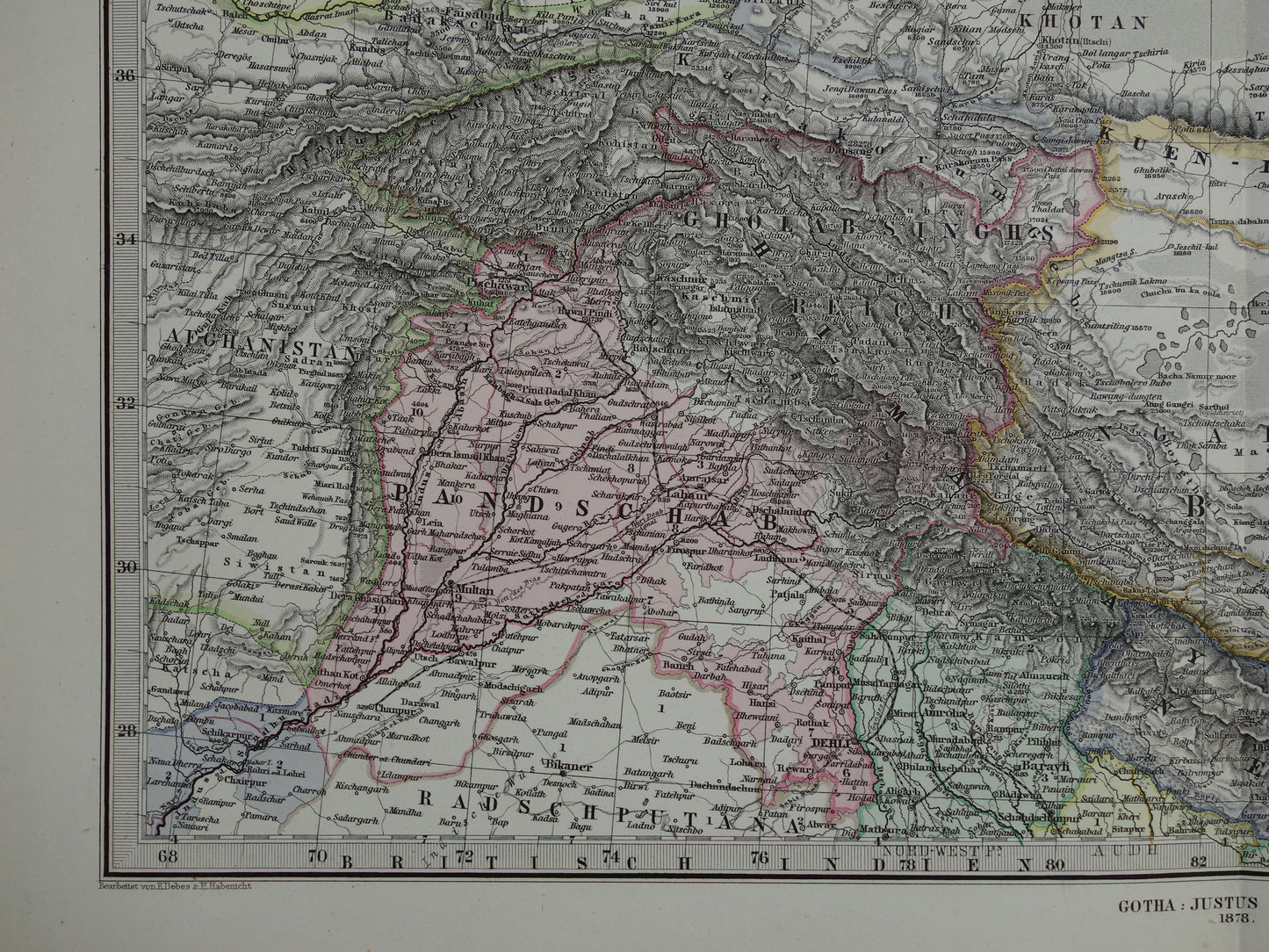 CENTRAL ASIA old map of Tibet Kashmir Turkestan Himalaya antique German map Uzbekistan Kyrgyzstan Tajikistan