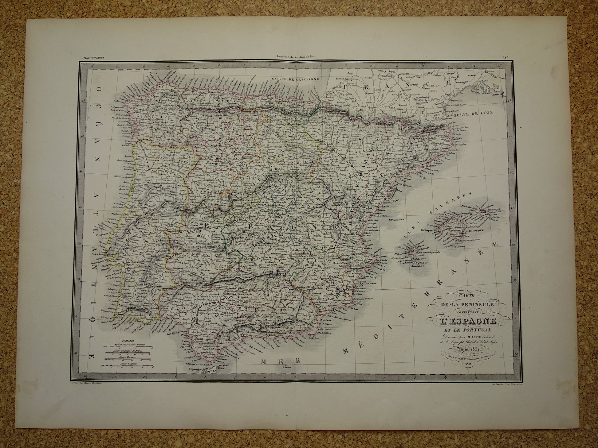 carte de la peninsule comprenant l'Espagne et le Portugal lapie 1851
