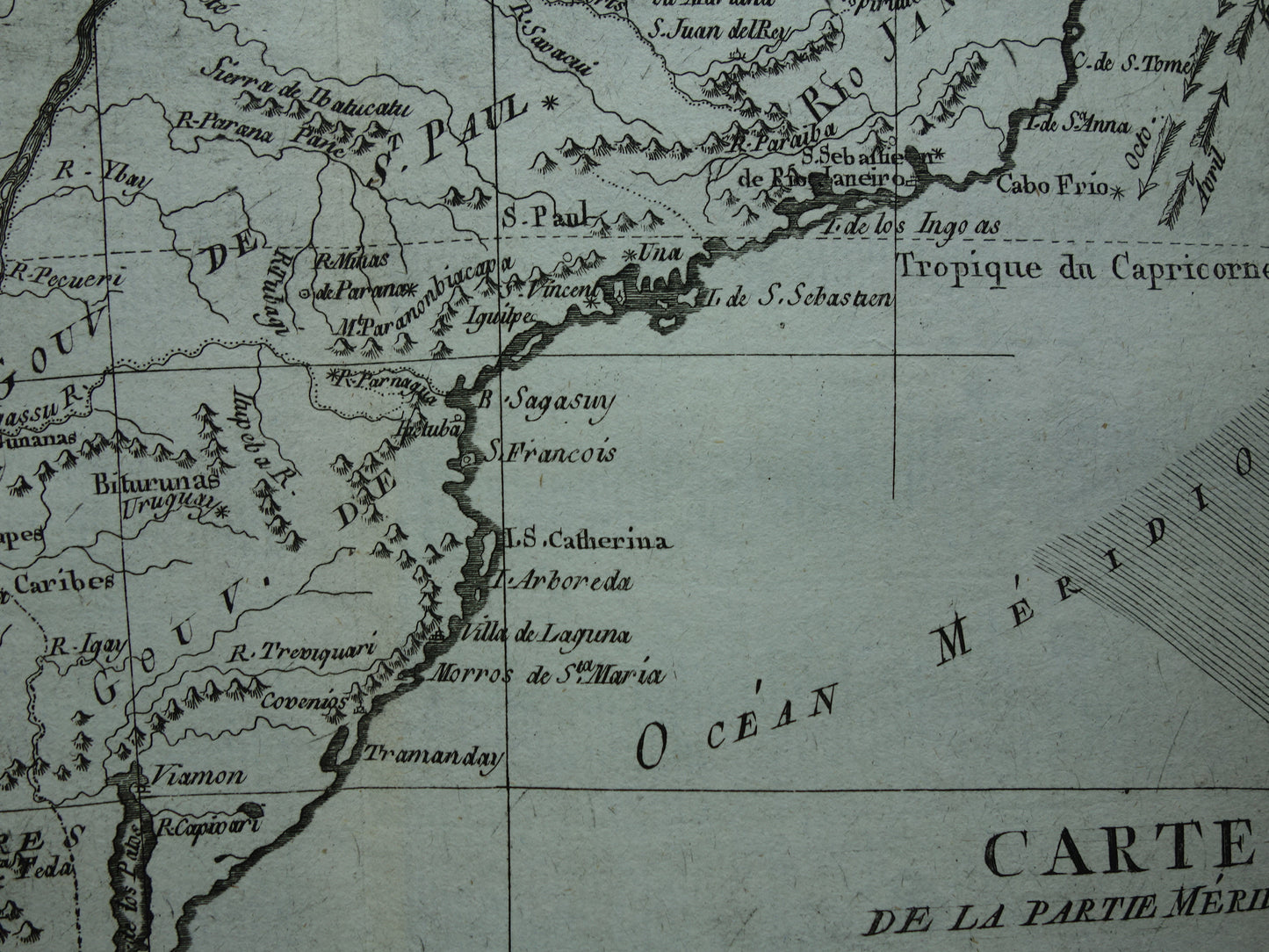 BRASILIEN &amp; URUGUAY Alte Karte von Südostbrasilien Originale französische Bonne-Karte aus dem Jahr 1784