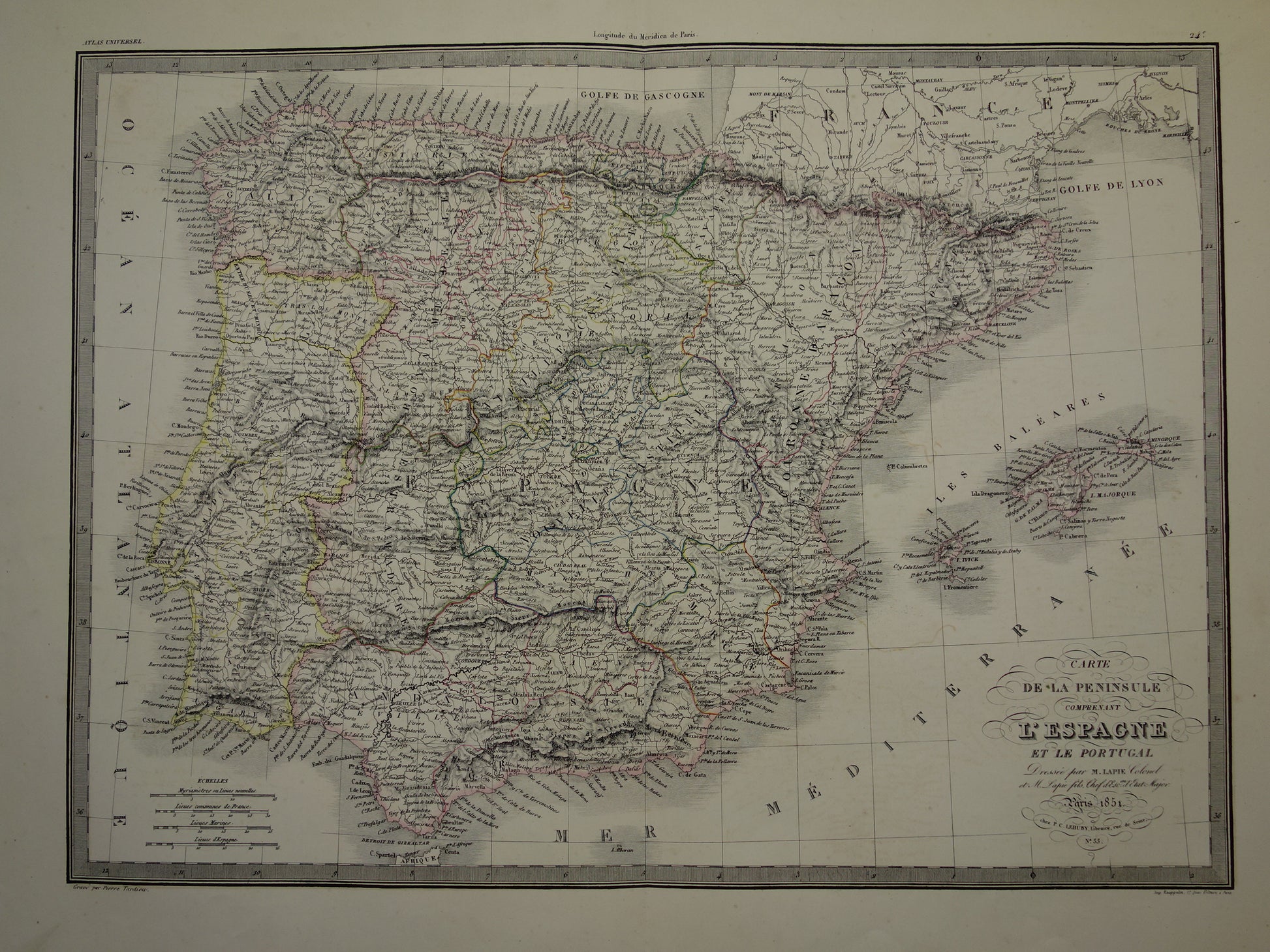 SPANJE grote oude kaart van Spanje en Portugal in 1851 originele antieke Franse handgekleurde landkaart met jaartal