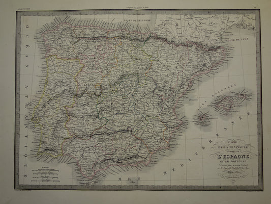 SPANJE grote oude kaart van Spanje en Portugal in 1851 originele antieke Franse handgekleurde landkaart met jaartal