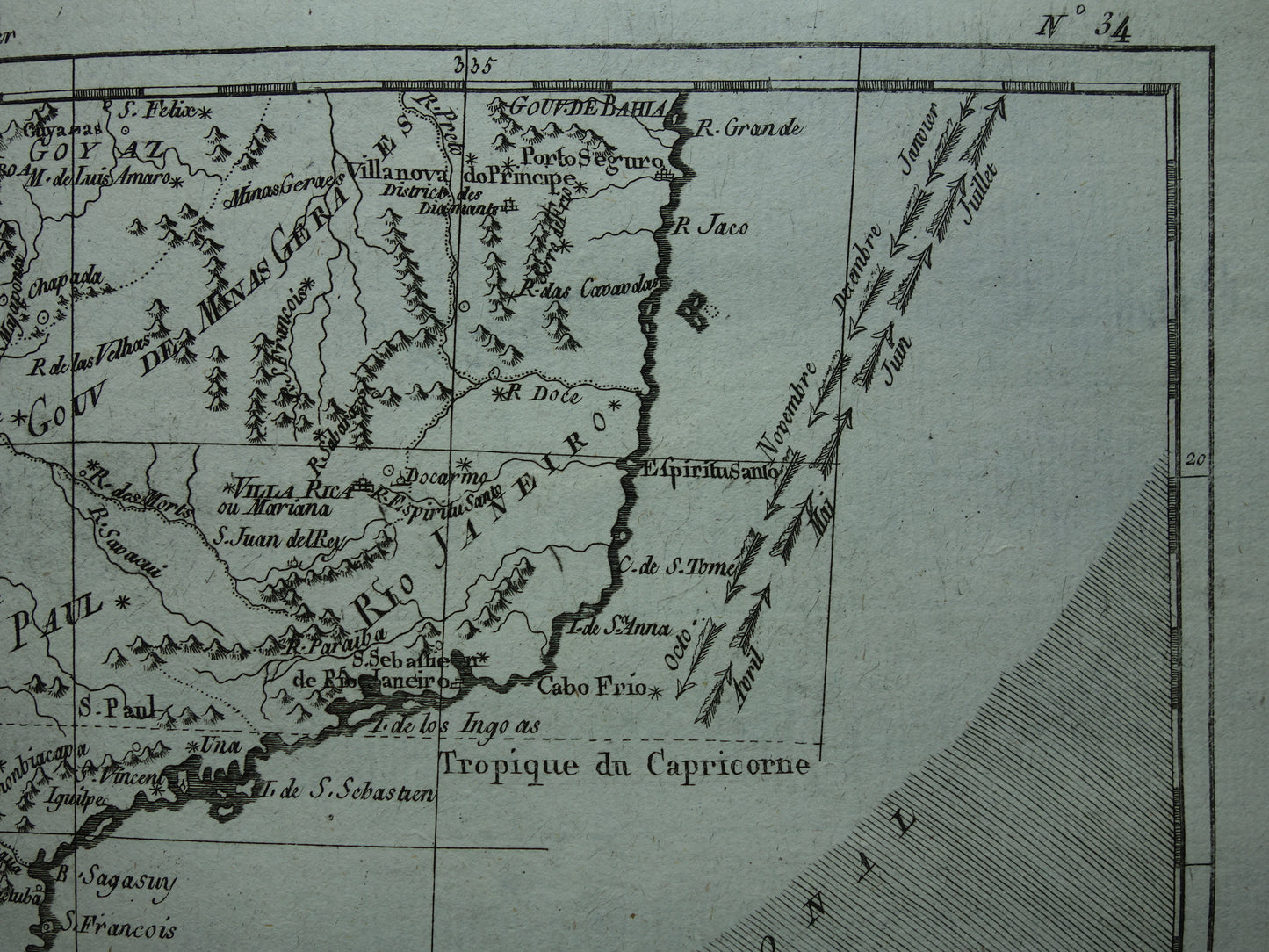 BRASILIEN &amp; URUGUAY Alte Karte von Südostbrasilien Originale französische Bonne-Karte aus dem Jahr 1784