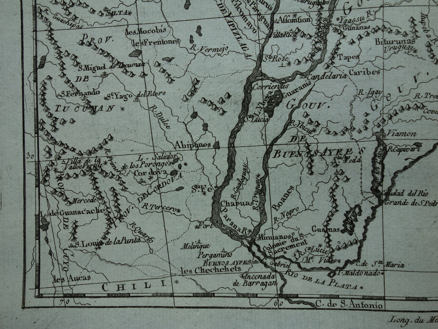 BRASILIEN &amp; URUGUAY Alte Karte von Südostbrasilien Originale französische Bonne-Karte aus dem Jahr 1784