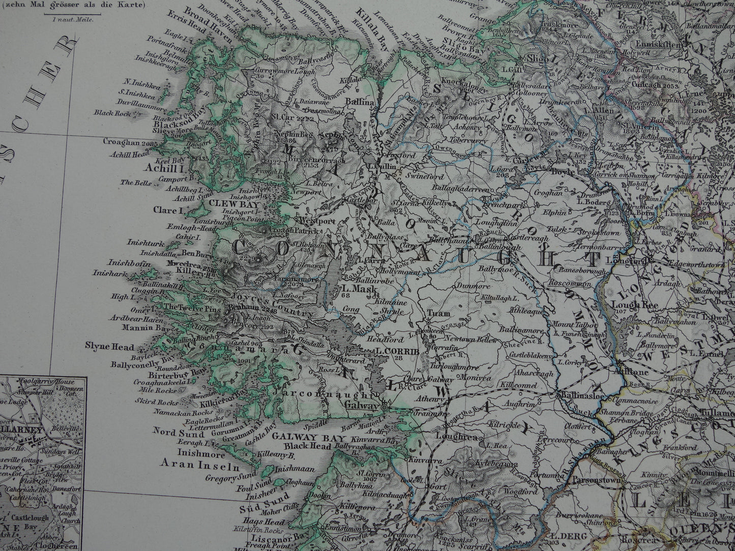 IERLAND antieke kaart van Ierland 1876 originele 155+ jaar oude Duitse landkaart van Ierland met jaartal