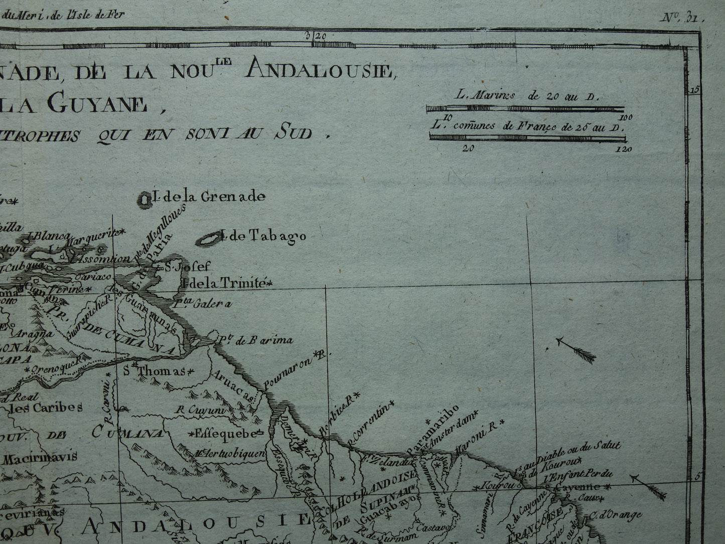VENEZUELA Old map of northern South America with Suriname Original vintage French Bonne map from 1784 Colombia