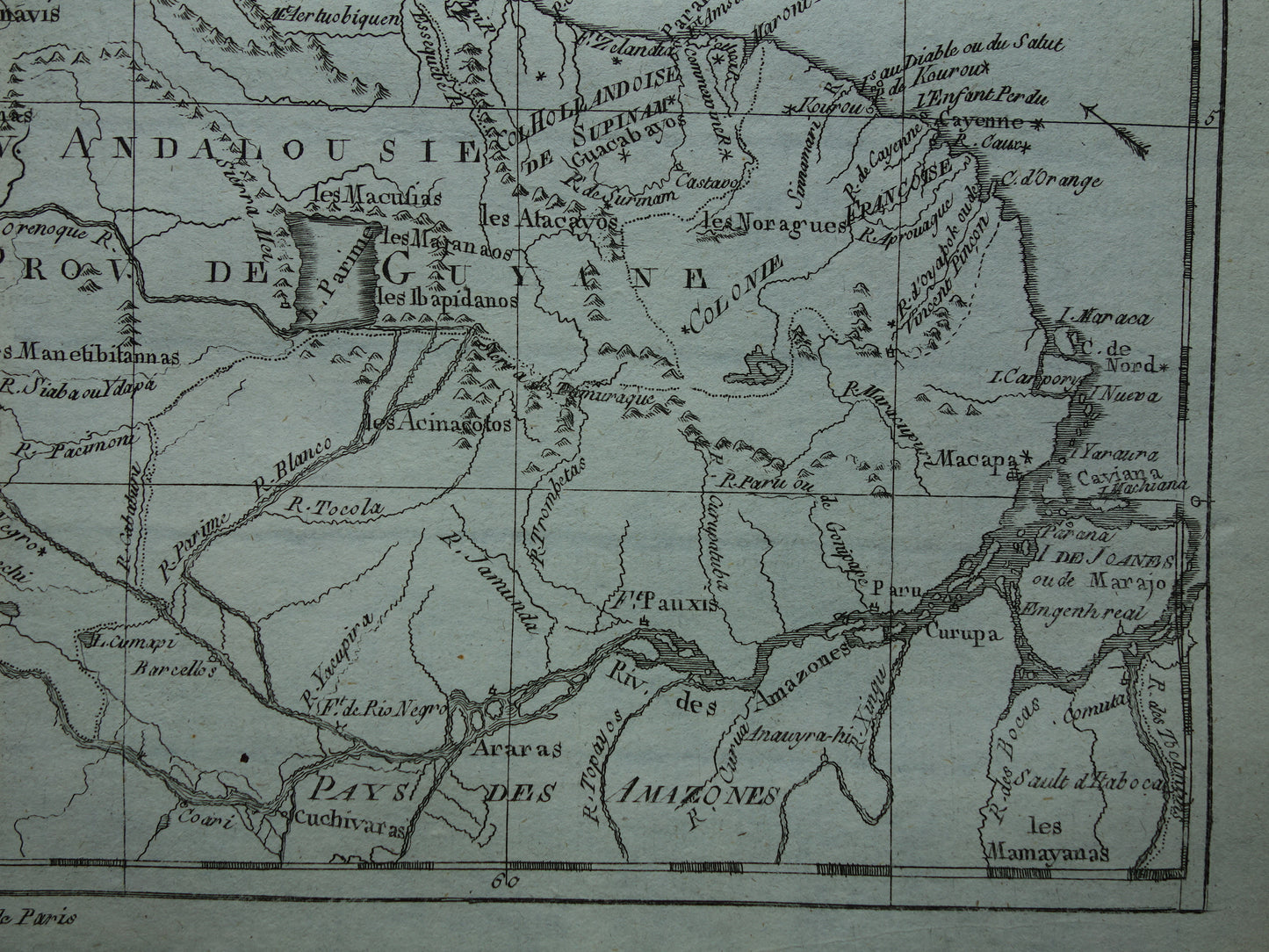 VENEZUELA Old map of northern South America with Suriname Original vintage French Bonne map from 1784 Colombia