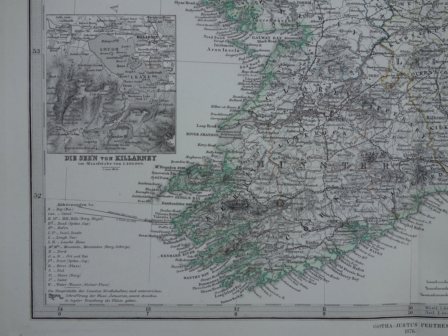 IERLAND antieke kaart van Ierland 1876 originele 155+ jaar oude Duitse landkaart van Ierland met jaartal