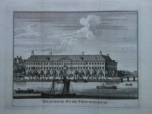 Oude prent van Amstelhof in Amsterdam Originele antieke gravure H'Art museum Hermitage Amstel Historisch stadsgezicht Vintage Print